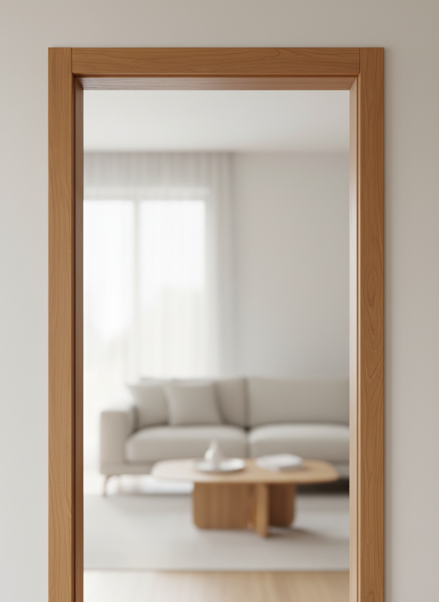 A close-up, photographic realism image of a premium solid wooden door frame standing alone against a softly blurred modern interior. The frame features warm teak tones with visible natural grain, crisp 90-degree joints, and precisely chamfered edges. It is installed in a smooth off-white wall, with a glimpse of a minimalist living room beyond. Soft morning daylight enters from an unseen window, creating gentle highlights along the frame’s edges and subtle shadows in the inner recess. Shot at eye level with a slight angle, using a shallow depth of field so the frame is in razor-sharp focus. The mood is professional, calm, and reassuring, emphasizing craftsmanship and quality.