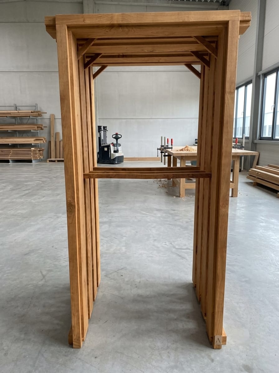 Wooden door frame in workshop