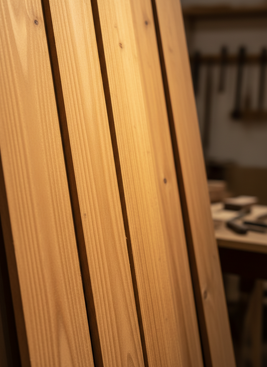 Close-up of stacked premium teakwood timber planks showing rich natural grain and golden-brown color