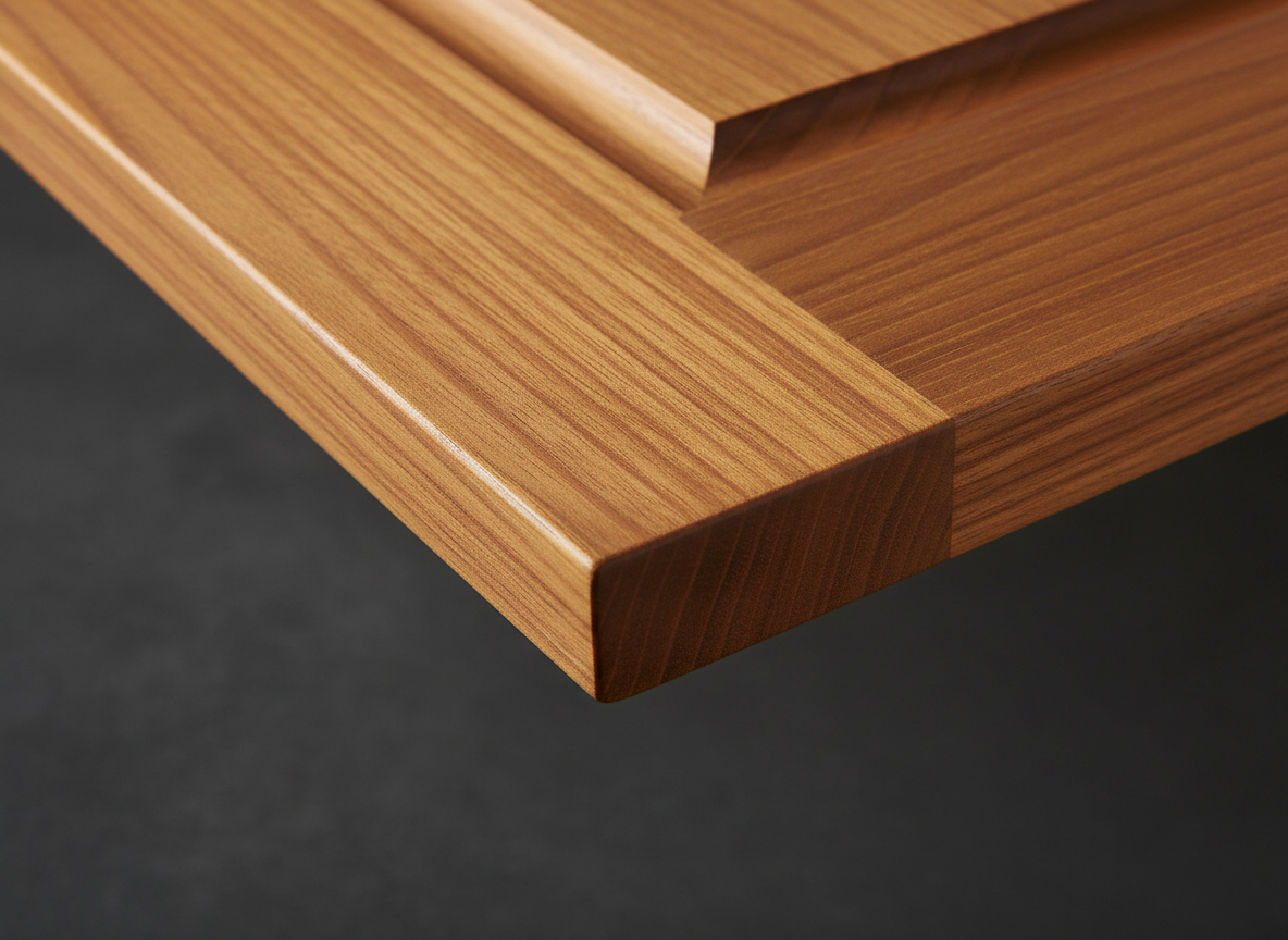 Finished teakwood door frame section showing smooth premium finish and natural straight grain