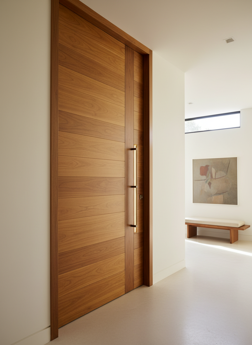 Premium teakwood door installed in a bright modern residential hallway with warm wood tones