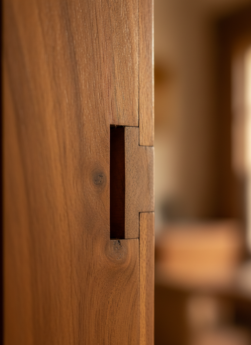 Detailed close-up of teakwood joinery and grain on a door frame edge