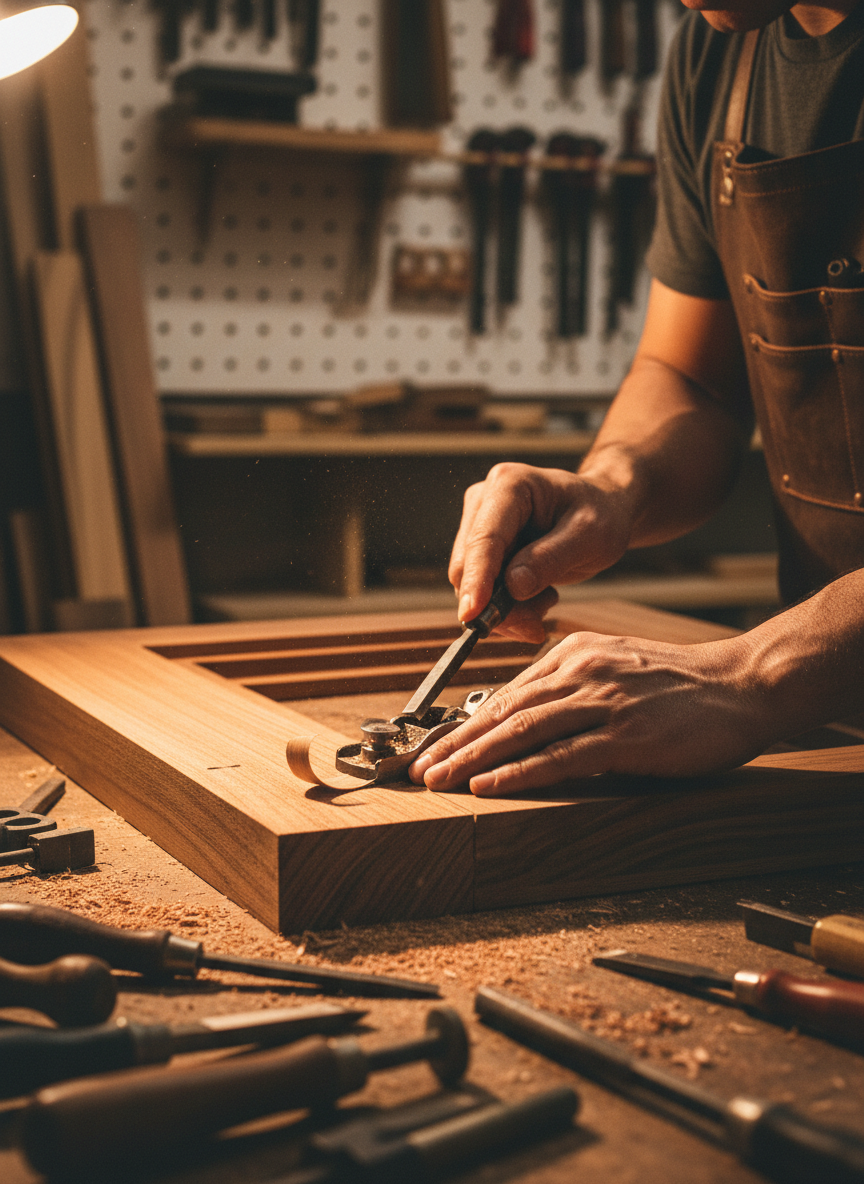 Craftsman's hands using precision tools to finish a teakwood door frame joint in a workshop
