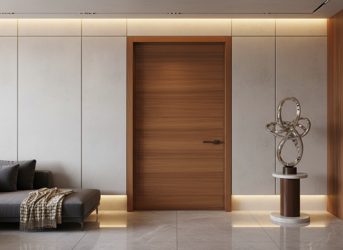 Elegant modern flush door with smooth teak veneer finish mounted in a contemporary interior